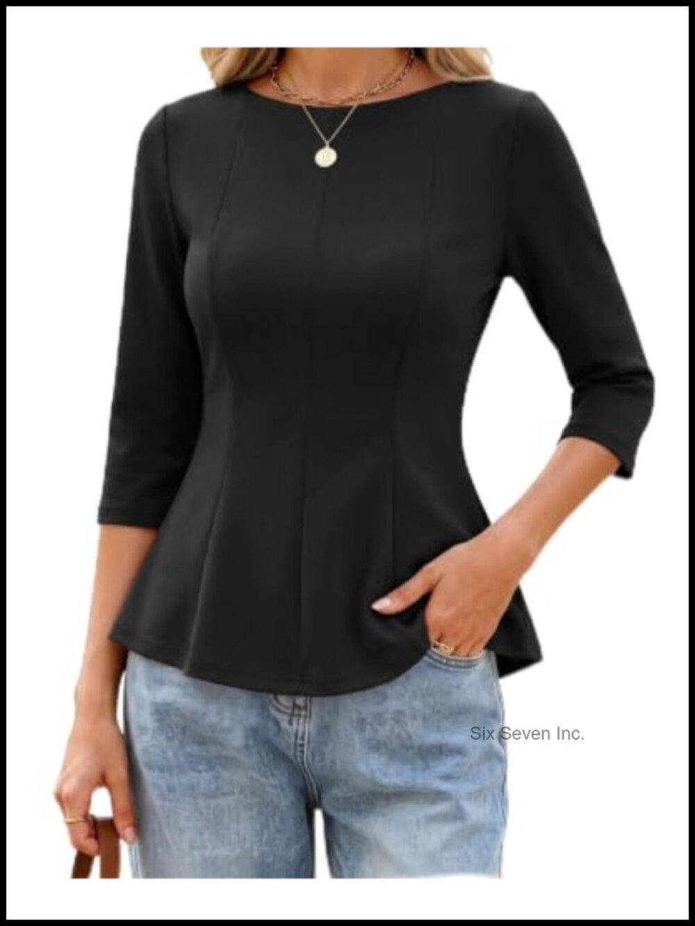 Peplum Blouse 3/4 Sleeve Business Casual Work Top Crew Neck